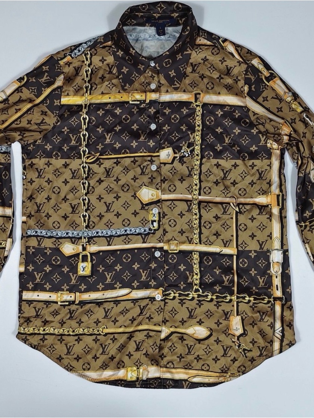 Louis Vuitton Brown, Black & Gold Monogram Chain-Print Button-Down Shirt